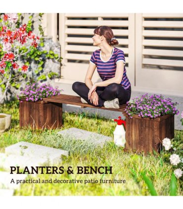 Outsunny Wooden Garden Planter & Bench Combination Garden Raised Bed Patio Park Carbonised Finish 176 x 38 x 40 cm