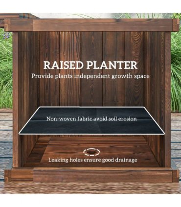 Outsunny Wooden Garden Planter & Bench Combination Garden Raised Bed Patio Park Carbonised Finish 176 x 38 x 40 cm
