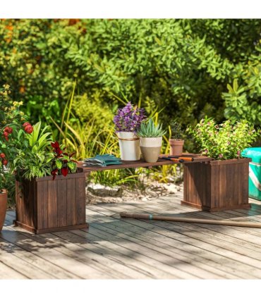 Outsunny Wooden Garden Planter & Bench Combination Garden Raised Bed Patio Park Carbonised Finish 176 x 38 x 40 cm