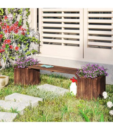 Outsunny Wooden Garden Planter & Bench Combination Garden Raised Bed Patio Park Carbonised Finish 176 x 38 x 40 cm
