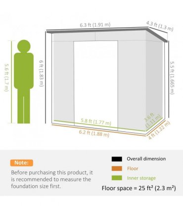 Outsunny 4 x 6ft Galvanised Metal Garden Shed, with Locking Door - Grey