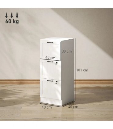 HOMCOM 3 Drawer Filing Cabinet with Lock, Office Storage Cabinet with Adjustable Hanging Bars for A4 Letter Size Files, White
