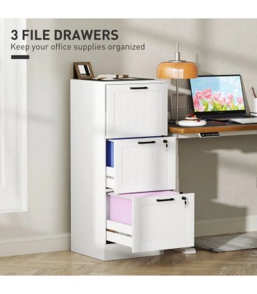 HOMCOM 3 Drawer Filing Cabinet with Lock, Office Storage Cabinet with Adjustable Hanging Bars for A4 Letter Size Files, White
