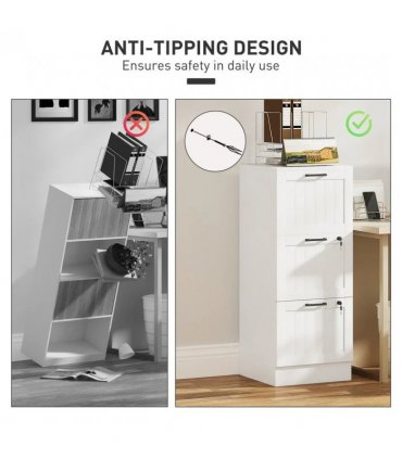 HOMCOM 3 Drawer Filing Cabinet with Lock, Office Storage Cabinet with Adjustable Hanging Bars for A4 Letter Size Files, White