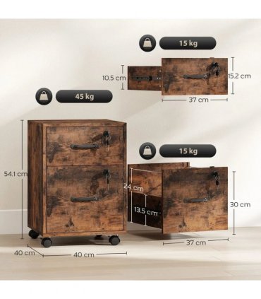 HOMCOM Rolling File Cabinet with 2 Drawers, Mobile Filing Cabinet with Hanging File Folder for Letter Sized Documents, Rustic Brown