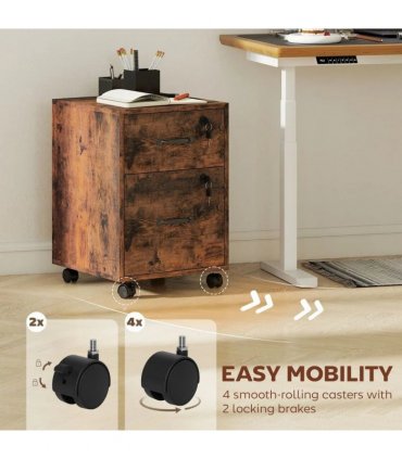 HOMCOM Rolling File Cabinet with 2 Drawers, Mobile Filing Cabinet with Hanging File Folder for Letter Sized Documents, Rustic Brown