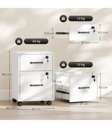 HOMCOM Rolling File Cabinet with 2 Drawers, Mobile Filing Cabinet with Hanging File Folder for Letter Sized Documents, White