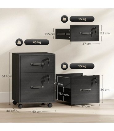 HOMCOM Rolling File Cabinet with 2 Drawers, Mobile Filing Cabinet with Hanging File Folder for Letter Sized Documents, Black