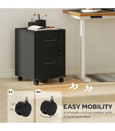 HOMCOM Rolling File Cabinet with 2 Drawers, Mobile Filing Cabinet with Hanging File Folder for Letter Sized Documents, Black