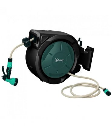 Outsunny Retractable Hose Reel Wall Mounted, 30 Garden Hose Pipe Reel with Lock, Auto Rewind, 7 in 1 Spray Nozzle, Includes Wall Fixings, 180° Swivel, Outdoor Watering, 59 x 23 x 42 cm, Green