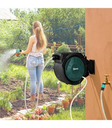 Outsunny Retractable Hose Reel Wall Mounted, 30 Garden Hose Pipe Reel with Lock, Auto Rewind, 7 in 1 Spray Nozzle, Includes Wall Fixings, 180° Swivel, Outdoor Watering, 59 x 23 x 42 cm, Green