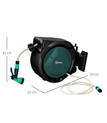 Outsunny Retractable Hose Reel Wall Mounted, 30 Garden Hose Pipe Reel with Lock, Auto Rewind, 7 in 1 Spray Nozzle, Includes Wall Fixings, 180° Swivel, Outdoor Watering, 59 x 23 x 42 cm, Green