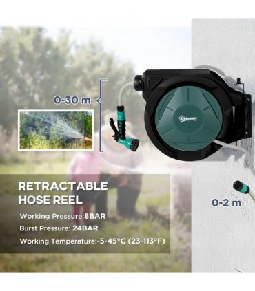 Outsunny Retractable Hose Reel Wall Mounted, 30 Garden Hose Pipe Reel with Lock, Auto Rewind, 7 in 1 Spray Nozzle, Includes Wall Fixings, 180° Swivel, Outdoor Watering, 59 x 23 x 42 cm, Green
