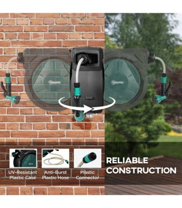Outsunny Retractable Hose Reel Wall Mounted, 30 Garden Hose Pipe Reel with Lock, Auto Rewind, 7 in 1 Spray Nozzle, Includes Wall Fixings, 180° Swivel, Outdoor Watering, 59 x 23 x 42 cm, Green