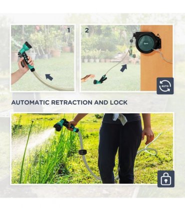 Outsunny Retractable Hose Reel Wall Mounted, 30 Garden Hose Pipe Reel with Lock, Auto Rewind, 7 in 1 Spray Nozzle, Includes Wall Fixings, 180° Swivel, Outdoor Watering, 59 x 23 x 42 cm, Green