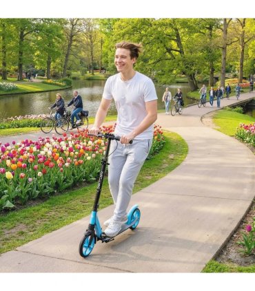 HOMCOM One-click Folding Kick Scooter for 14 w/ Adjustable Handlebar, Push Scooter with Kickstand, Dual Brake System, Blue