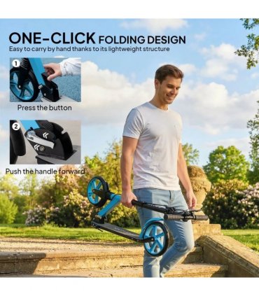 HOMCOM One-click Folding Kick Scooter for 14 w/ Adjustable Handlebar, Push Scooter with Kickstand, Dual Brake System, Blue