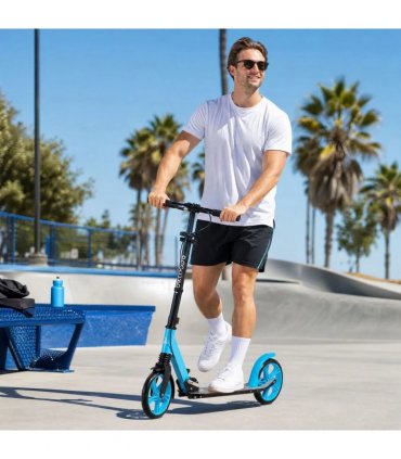 HOMCOM One-click Folding Kick Scooter for 14 w/ Adjustable Handlebar, Push Scooter with Kickstand, Dual Brake System, Blue