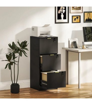 HOMCOM Filing Cabinet, Fluted Vertical File Cabinet with 3 Lockable Drawers and Hanging Rails, Black