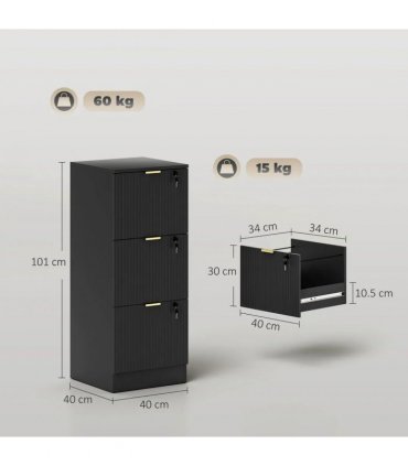 HOMCOM Filing Cabinet, Fluted Vertical File Cabinet with 3 Lockable Drawers and Hanging Rails, Black