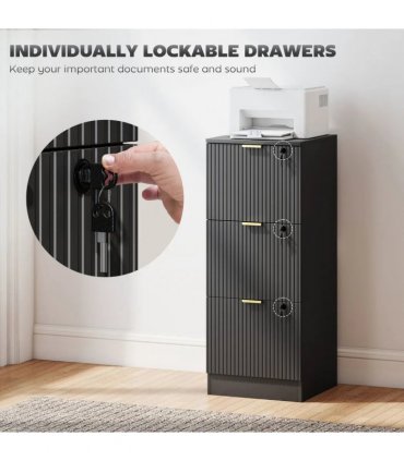 HOMCOM Filing Cabinet, Fluted Vertical File Cabinet with 3 Lockable Drawers and Hanging Rails, Black