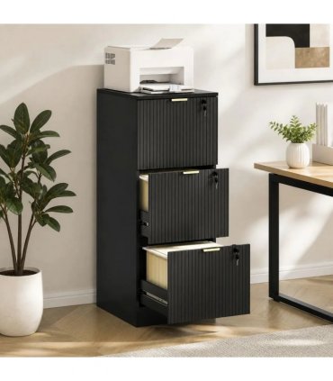 HOMCOM Filing Cabinet, Fluted Vertical File Cabinet with 3 Lockable Drawers and Hanging Rails, Black