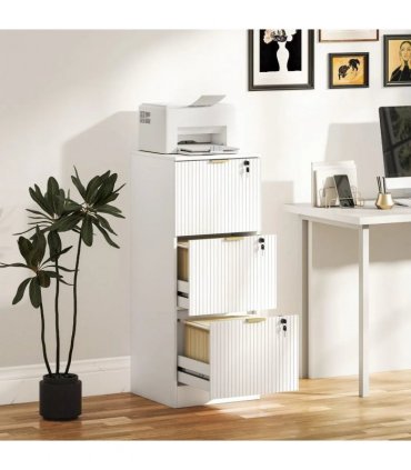 HOMCOM Filing Cabinet, Fluted Vertical File Cabinet with 3 Lockable Drawers and Hanging Rails, White