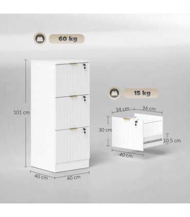 HOMCOM Filing Cabinet, Fluted Vertical File Cabinet with 3 Lockable Drawers and Hanging Rails, White