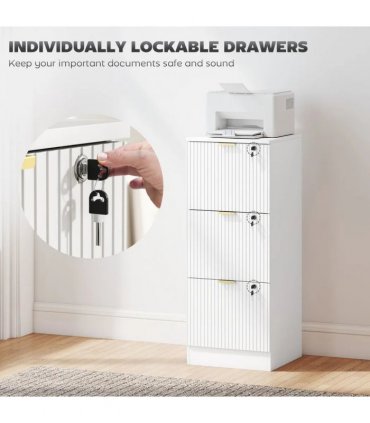 HOMCOM Filing Cabinet, Fluted Vertical File Cabinet with 3 Lockable Drawers and Hanging Rails, White