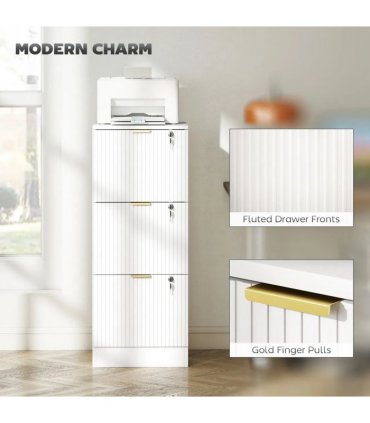 HOMCOM Filing Cabinet, Fluted Vertical File Cabinet with 3 Lockable Drawers and Hanging Rails, White