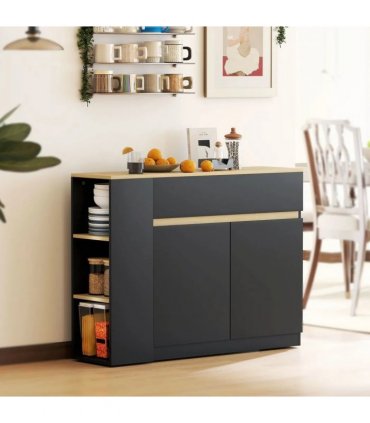 HOMCOM Kitchen Island, Storage Cabinet with Adjustable Shelf, 2 Drawers, 3 Open Shelves, Black