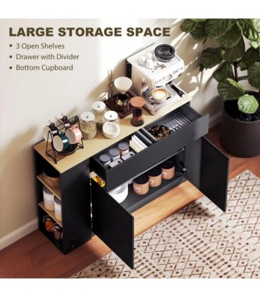 HOMCOM Kitchen Island, Storage Cabinet with Adjustable Shelf, 2 Drawers, 3 Open Shelves, Black