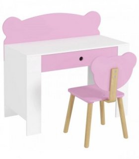 AIYAPLAY Kids Desk and Chair Set with Drawer for Drawing, Reading, Bear Theme Children Furniture for Bedroom, Daycare, Pink