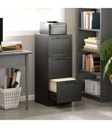 HOMCOM 3 Drawer Filing Cabinet with Lock, Office Storage Cabinet with Adjustable Hanging Bars for A4 Letter Size Files, Black