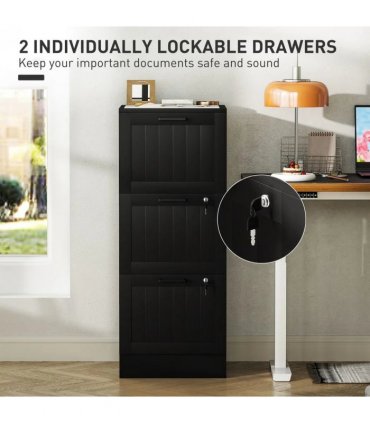 HOMCOM 3 Drawer Filing Cabinet with Lock, Office Storage Cabinet with Adjustable Hanging Bars for A4 Letter Size Files, Black