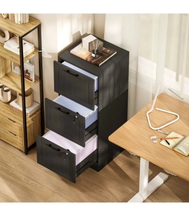 HOMCOM 3 Drawer Filing Cabinet with Lock, Office Storage Cabinet with Adjustable Hanging Bars for A4 Letter Size Files, Black