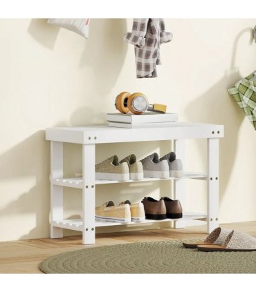 HOMCOM Two Shelf Bamboo Shoe Storage Bench - White
