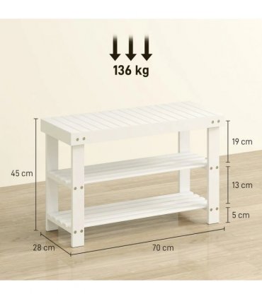HOMCOM Two Shelf Bamboo Shoe Storage Bench - White