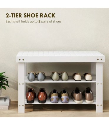 HOMCOM Two Shelf Bamboo Shoe Storage Bench - White
