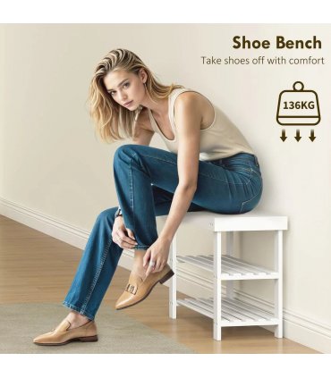 HOMCOM Two Shelf Bamboo Shoe Storage Bench - White