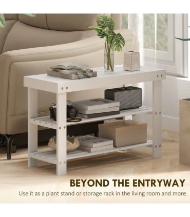 HOMCOM Two Shelf Bamboo Shoe Storage Bench - White