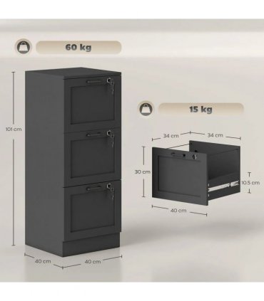 HOMCOM 3-Drawer Filing Cabinet with Lock - Black