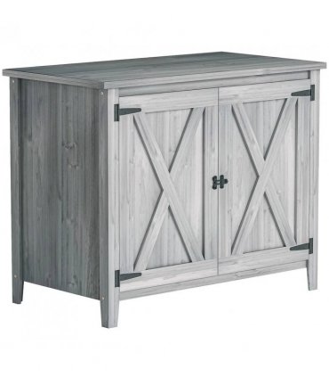 Outsunny Wooden Garden Shed, Outdoor Fir Wood Storage Shed with Shelf and Double Doors, Light Grey
