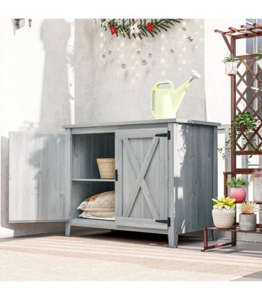 Outsunny Wooden Garden Shed, Outdoor Fir Wood Storage Shed with Shelf and Double Doors, Light Grey
