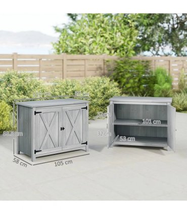 Outsunny Wooden Garden Shed, Outdoor Fir Wood Storage Shed with Shelf and Double Doors, Light Grey