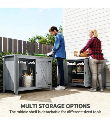Outsunny Wooden Garden Shed, Outdoor Fir Wood Storage Shed with Shelf and Double Doors, Light Grey