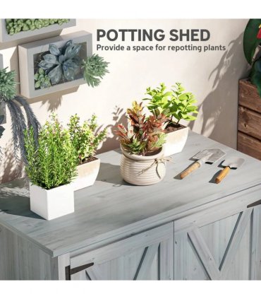 Outsunny Wooden Garden Shed, Outdoor Fir Wood Storage Shed with Shelf and Double Doors, Light Grey