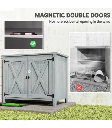 Outsunny Wooden Garden Shed, Outdoor Fir Wood Storage Shed with Shelf and Double Doors, Light Grey
