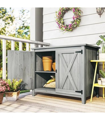 Outsunny Wooden Garden Shed, Outdoor Fir Wood Storage Shed with Shelf and Double Doors, Light Grey