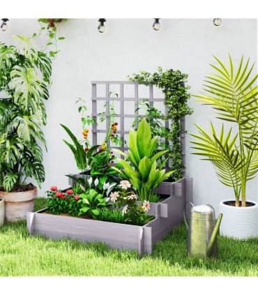 Outsunny 3 Tier Garden Planters with Trellis for Vine Climbing, Wooden Raised Beds, 95x95x110cm, Grey